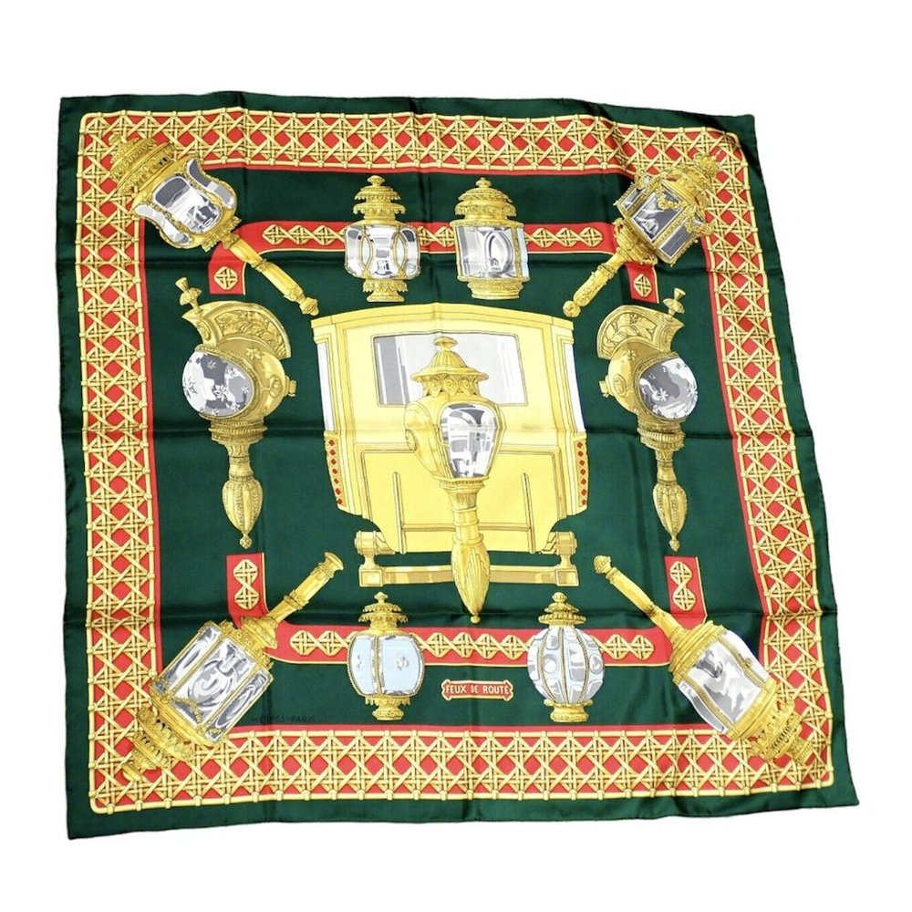 Authentic RARE! Hermes Feux De Route Vintage 90cm Green Red Silk Scarf